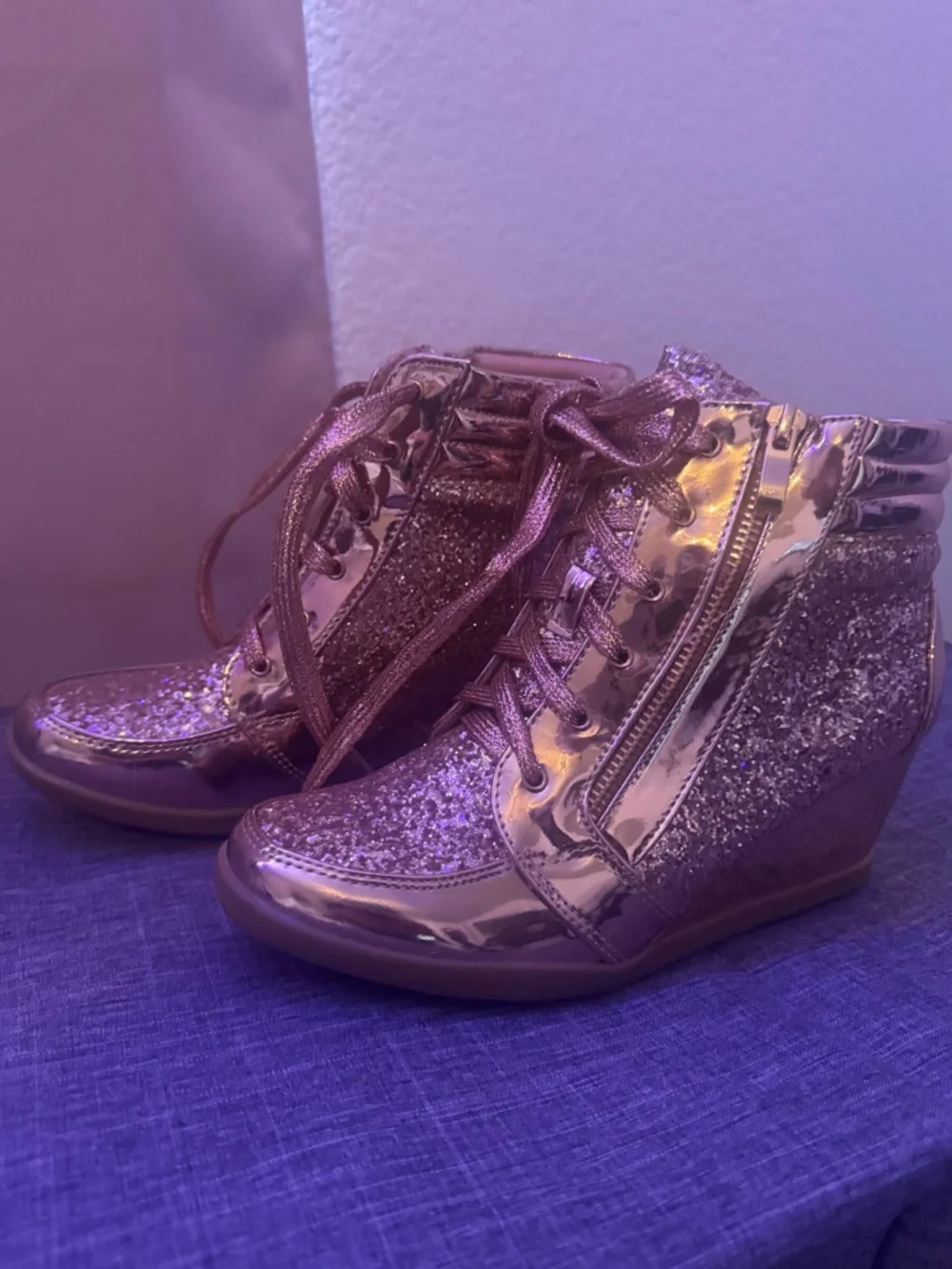 Forever 21 Rose Gold Glitter Wedge Sneakers